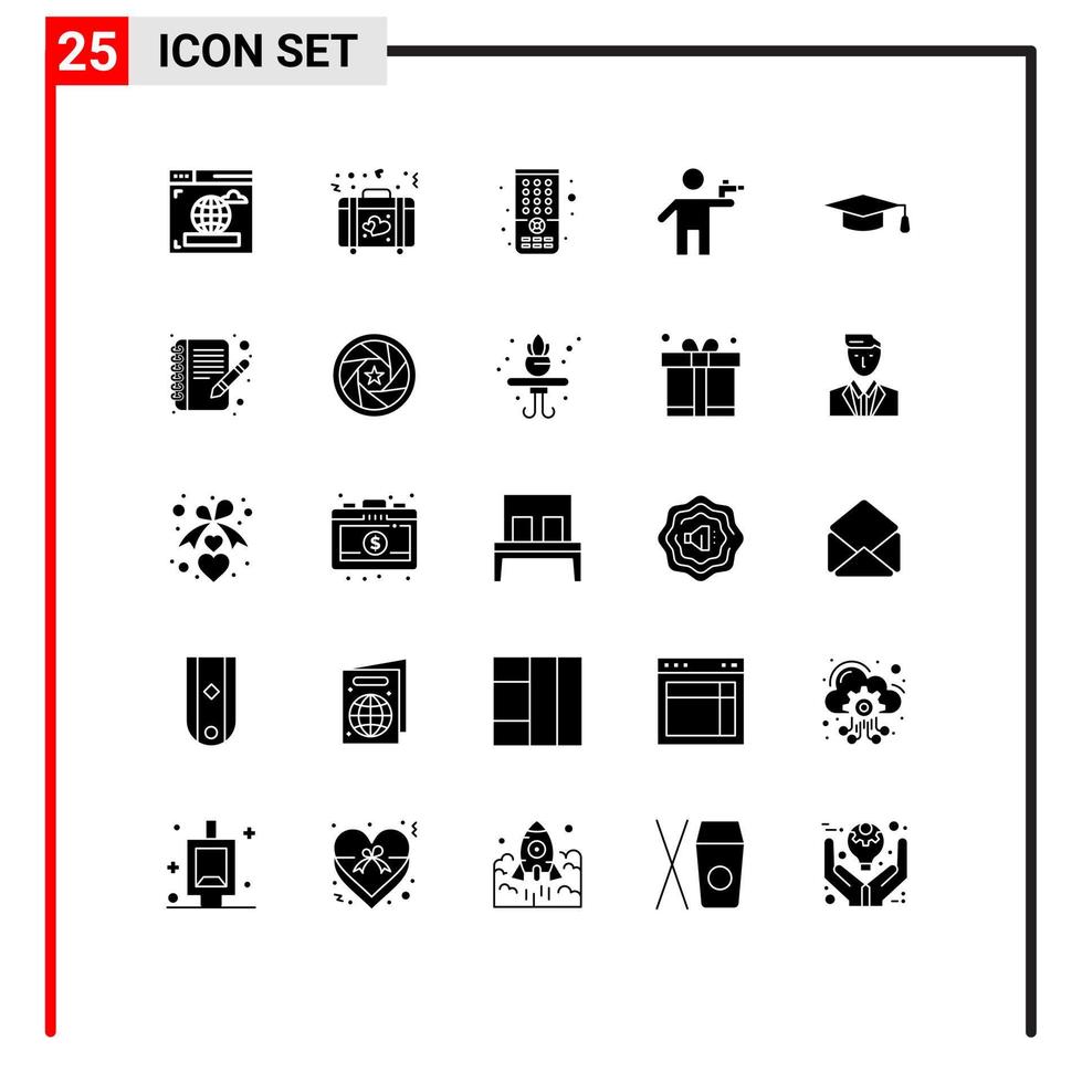 Universal Icon Symbols Group of 25 Modern Solid Glyphs of graduation hat academic remote murderer gunner Editable Vector Design Elements