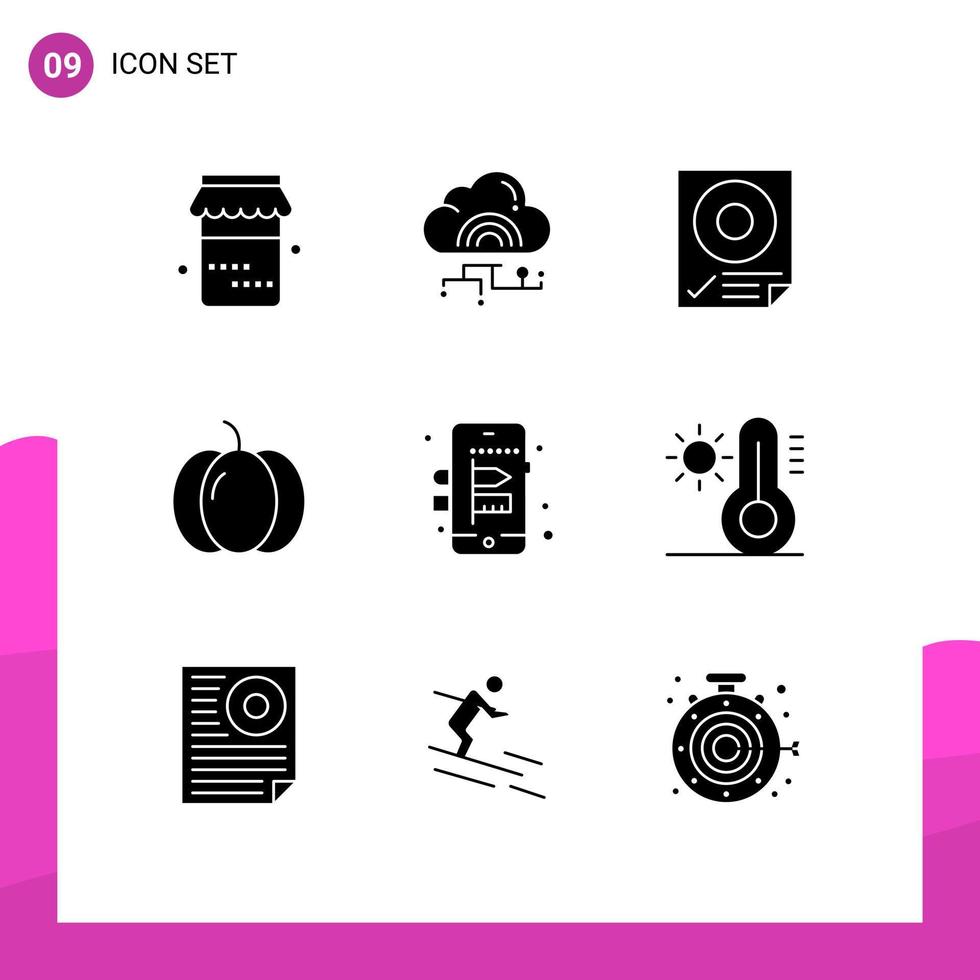 Set of 9 Commercial Solid Glyphs pack for mobile pumpkin check halloween paper Editable Vector Design Elements