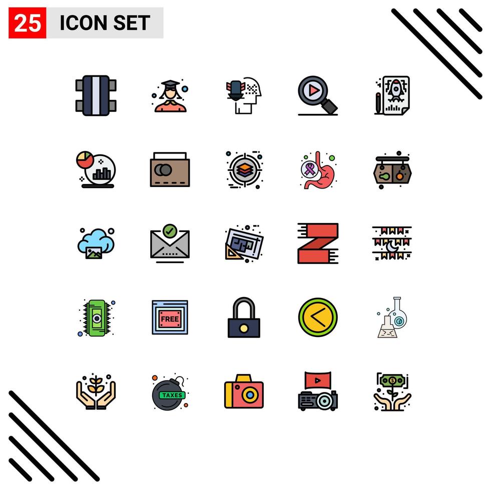 Group of 25 Modern Filled line Flat Colors Set for rocket page personal data protection video research Editable Vector Design Elements