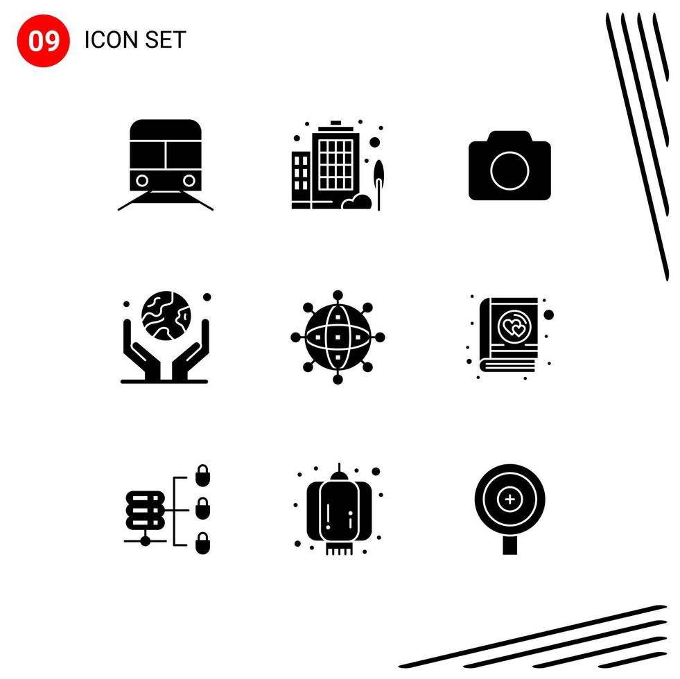 9 Universal Solid Glyph Signs Symbols of business planet camera human hand environment Editable Vector Design Elements