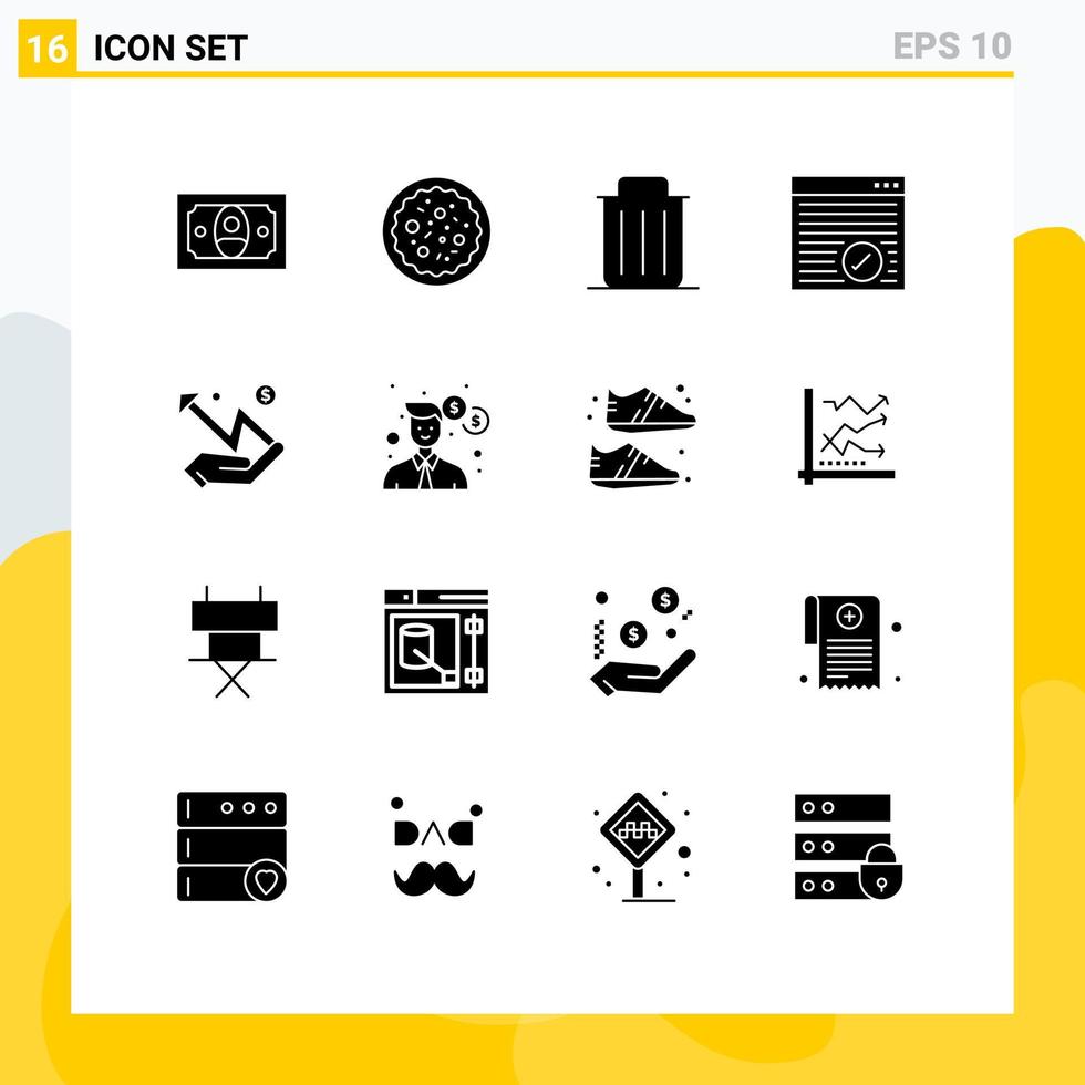 16 Universal Solid Glyph Signs Symbols of graph webpage garbage online browser Editable Vector Design Elements