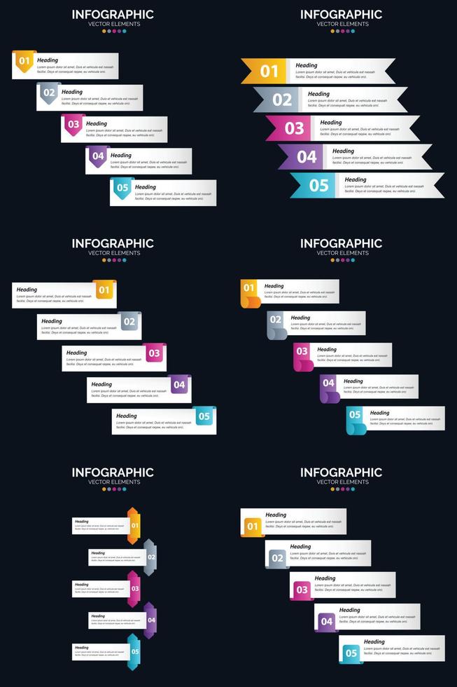 plantilla de diapositiva de presentación del paquete de infografías vectoriales 6 diagramas de ciclo de 5 pasos y líneas de tiempo vector