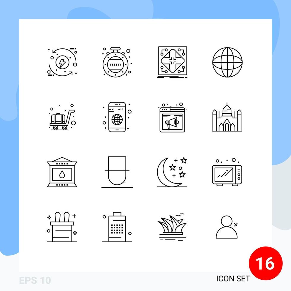 16 User Interface Outline Pack of modern Signs and Symbols of airport internet data globe grid Editable Vector Design Elements