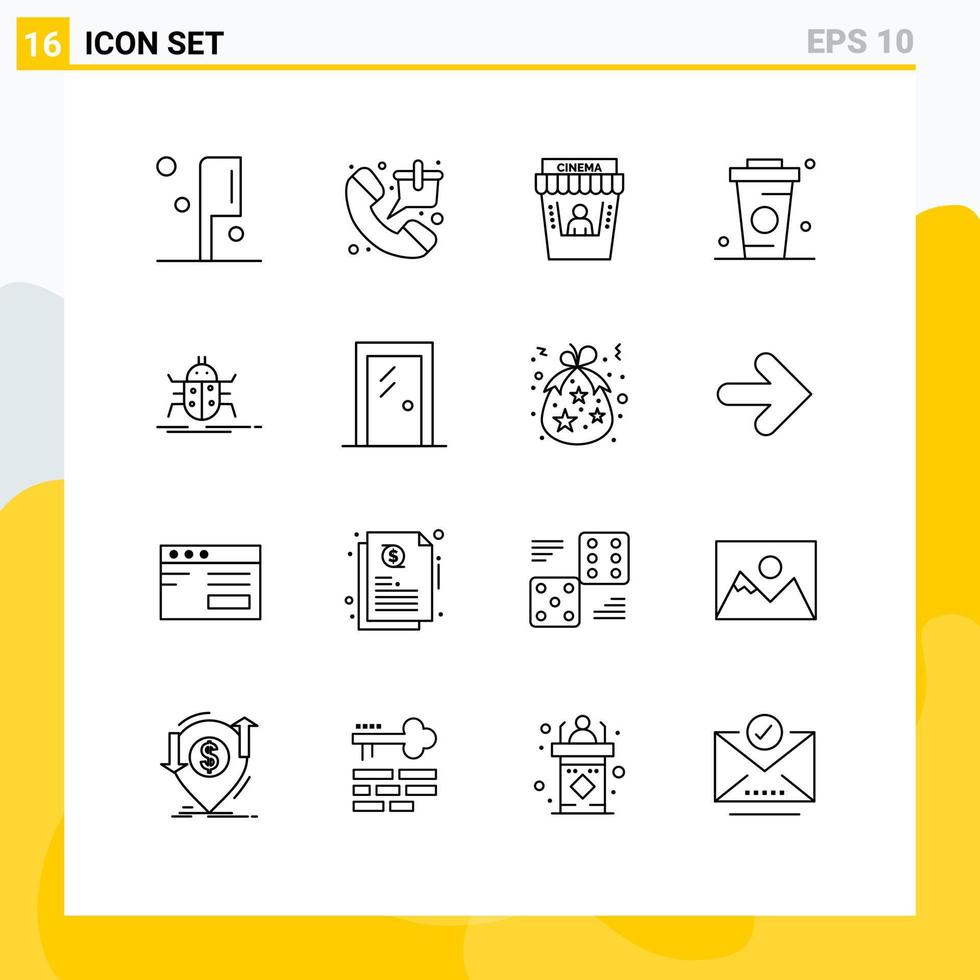 Universal Icon Symbols Group of 16 Modern Outlines of bug drinks cinema drink coffee Editable Vector Design Elements