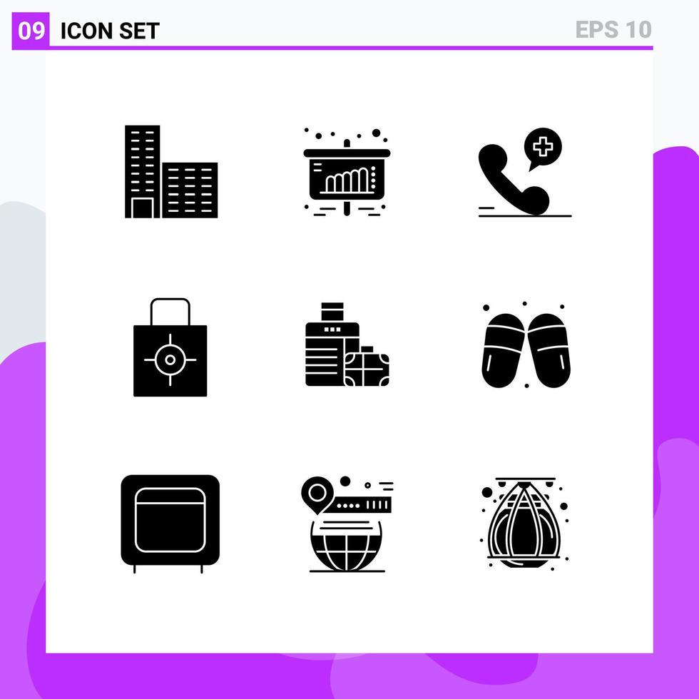 Group of 9 Solid Glyphs Signs and Symbols for bag target phone security lock pad Editable Vector Design Elements