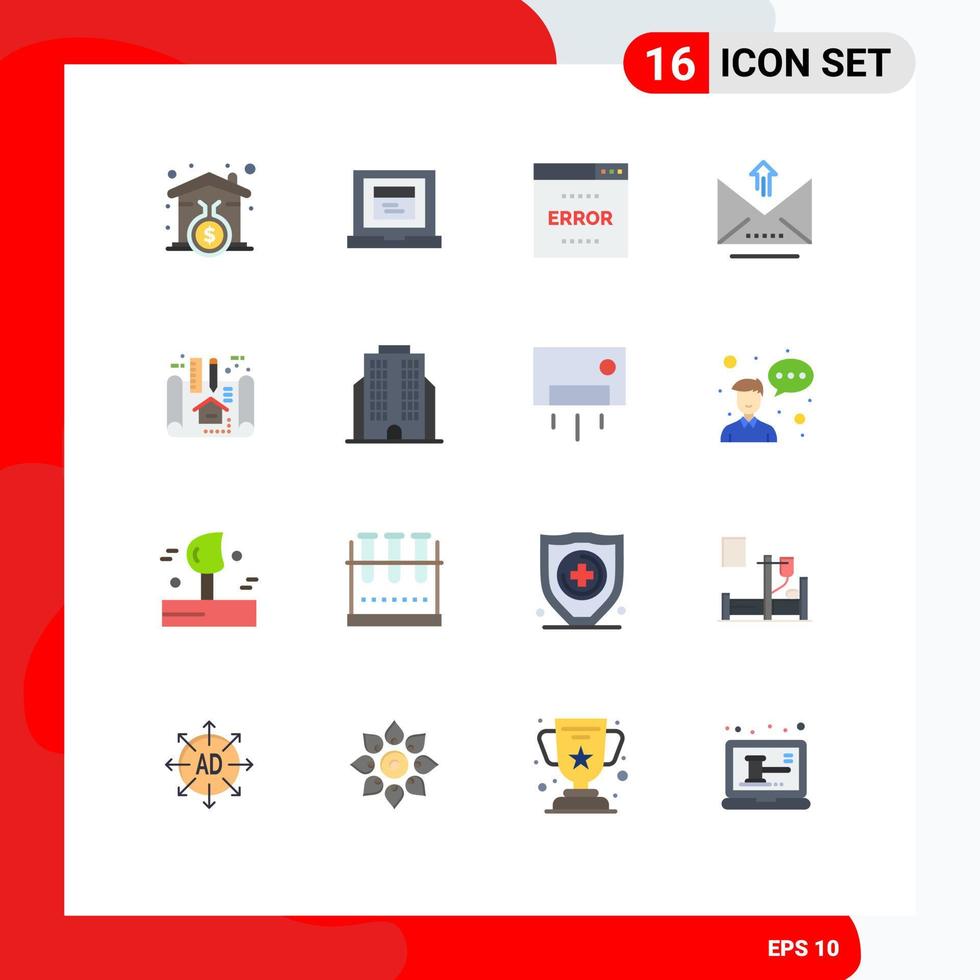 Pictogram Set of 16 Simple Flat Colors of architecture upload media pass email Editable Pack of Creative Vector Design Elements