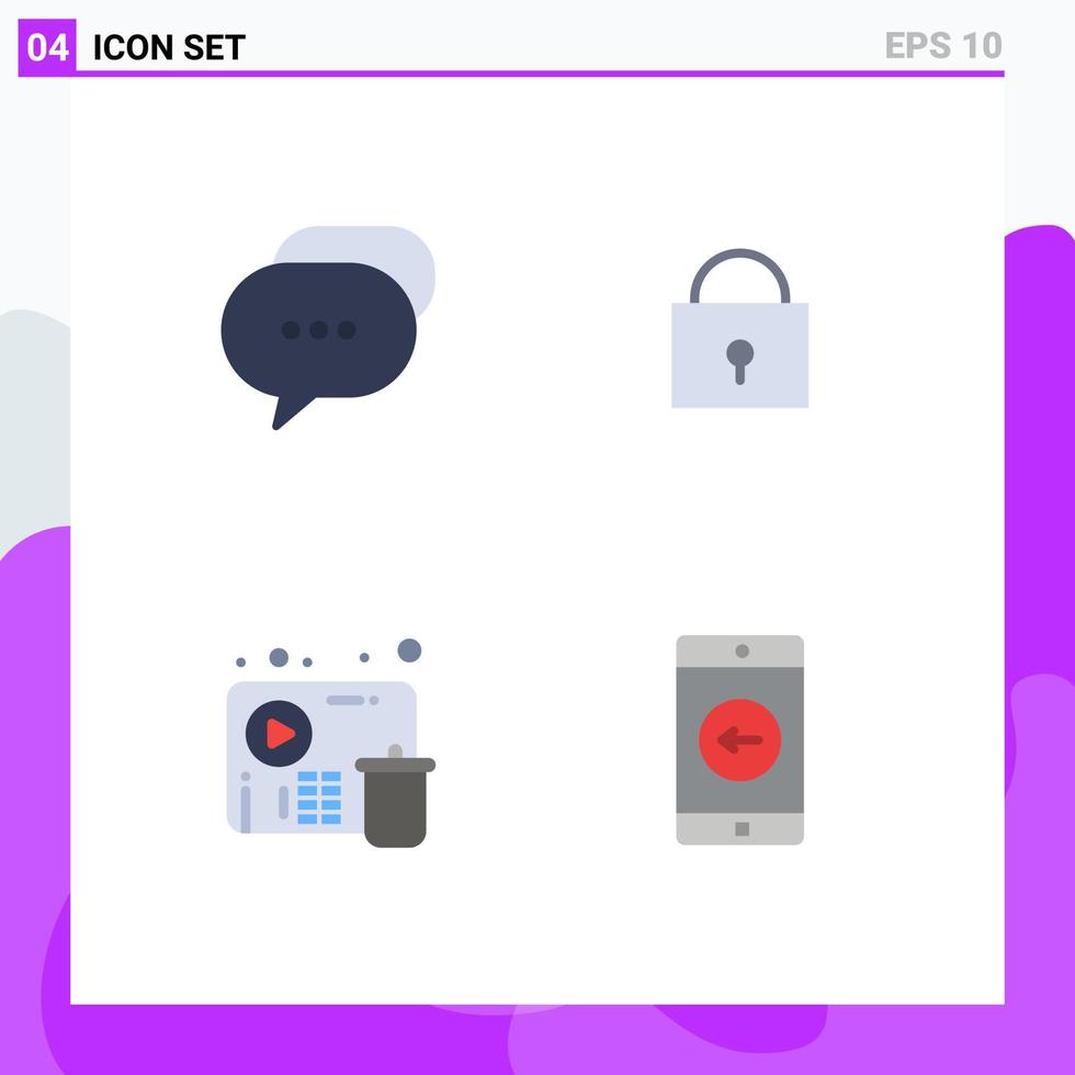 Pack of 4 Modern Flat Icons Signs and Symbols for Web Print Media such as chat video bubble locked application Editable Vector Design Elements