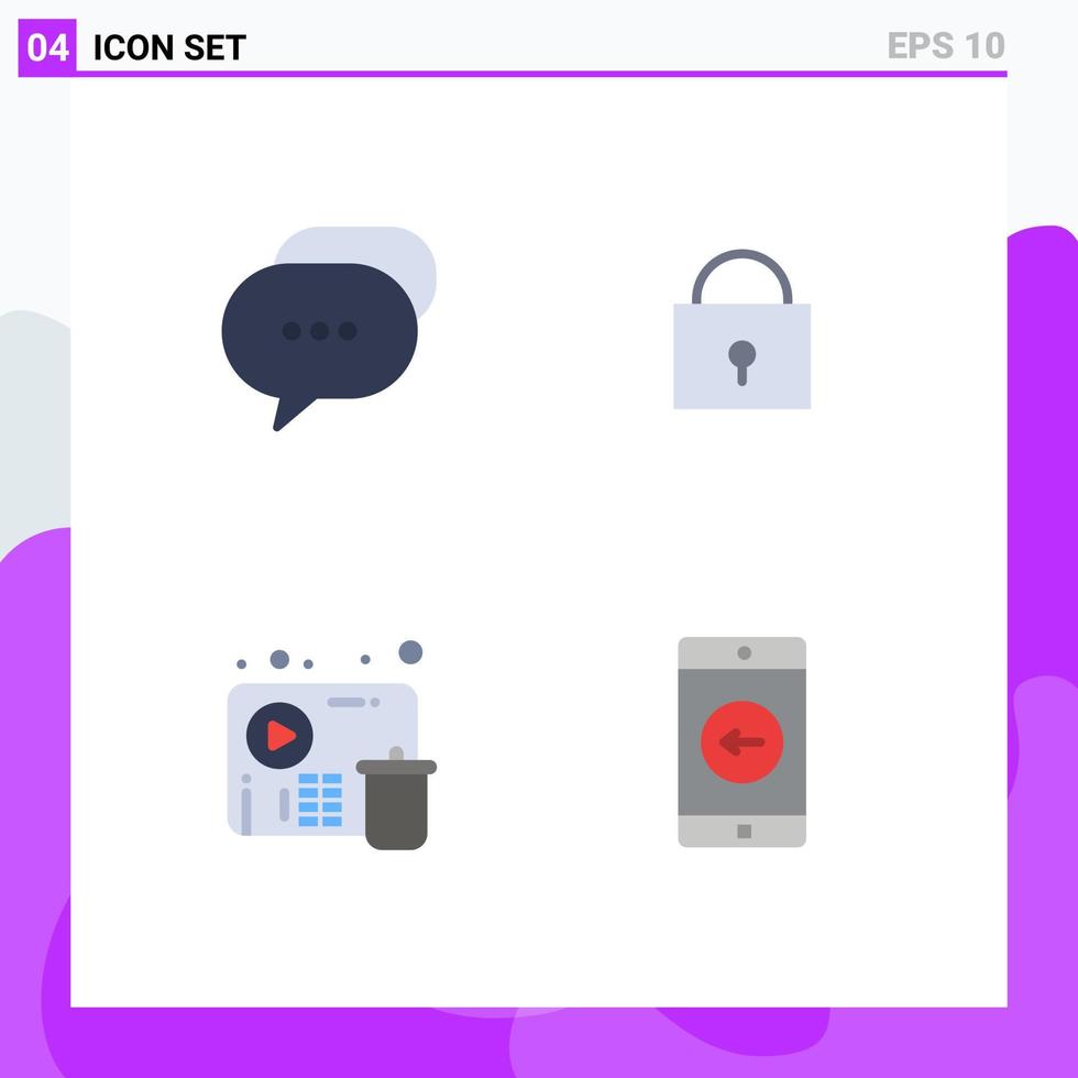 paquete de 4 signos y símbolos de iconos planos modernos para medios de impresión web, como elementos de diseño de vectores editables de aplicación bloqueada de burbuja de video de chat
