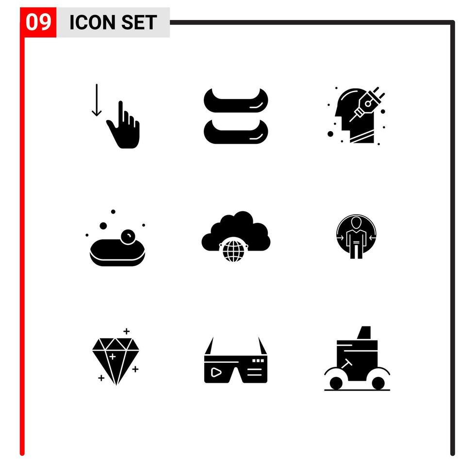 Set of 9 Vector Solid Glyphs on Grid for globe network human supermarket soup Editable Vector Design Elements