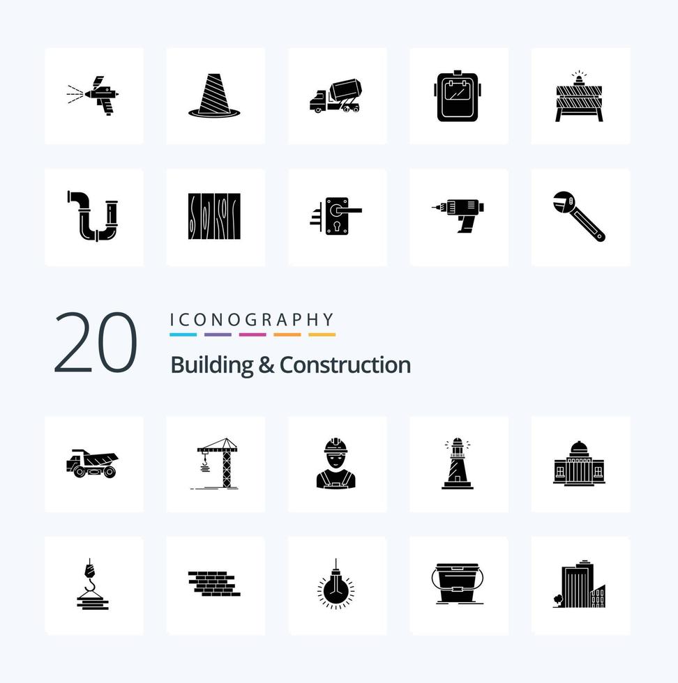 20 Building And Construction Solid Glyph icon Pack like beach house tower lighthouse engineer vector