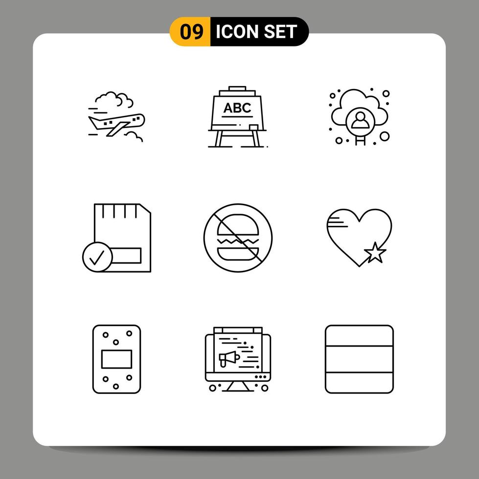 Group of 9 Outlines Signs and Symbols for burgers devices account connected card Editable Vector Design Elements