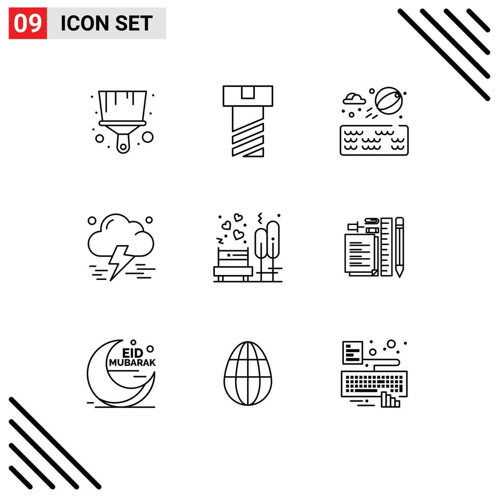 Group of 9 Modern Outlines Set for stationary park cloud bench love Editable Vector Design Elements