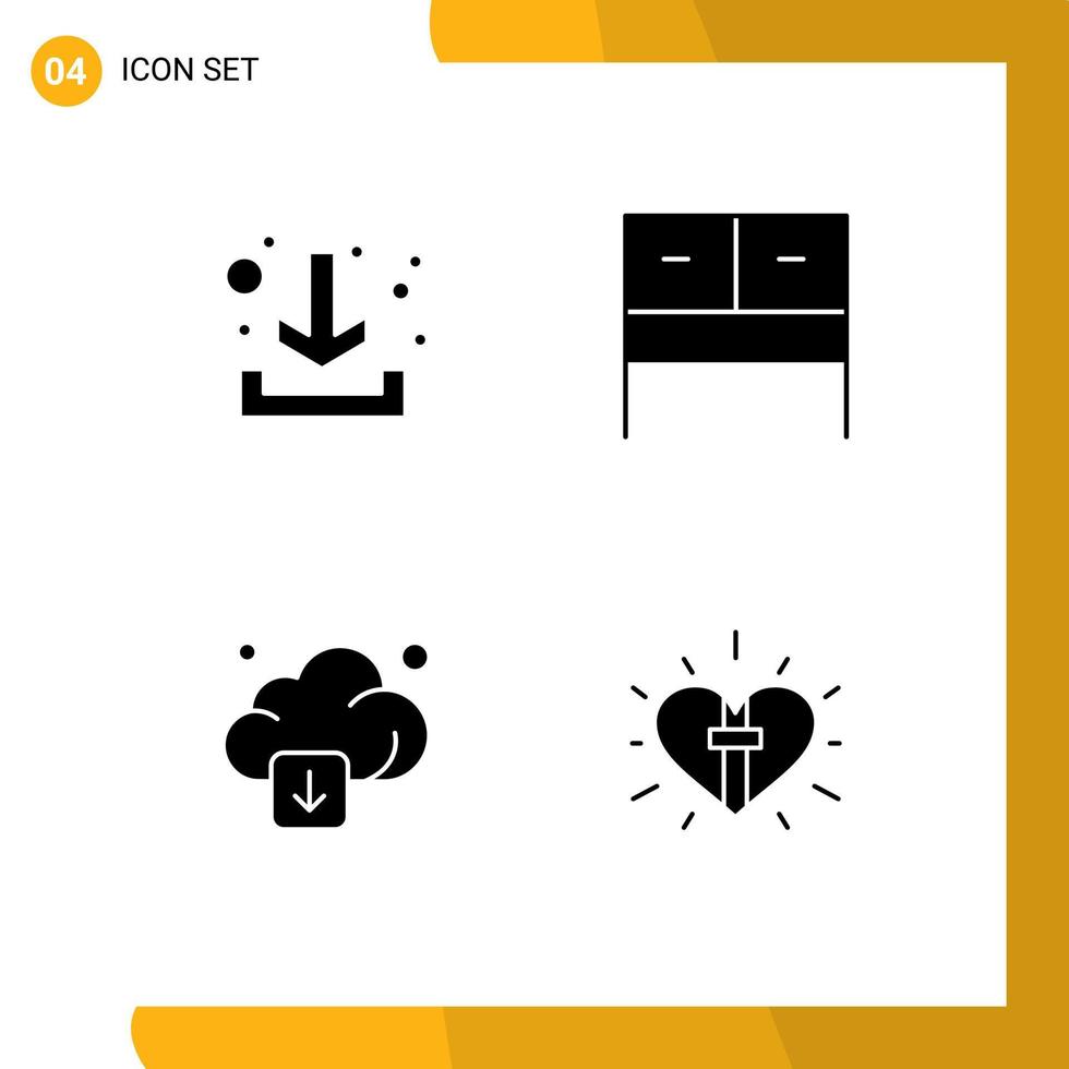 Mobile Interface Solid Glyph Set of 4 Pictograms of download technology desk cloud heart Editable Vector Design Elements