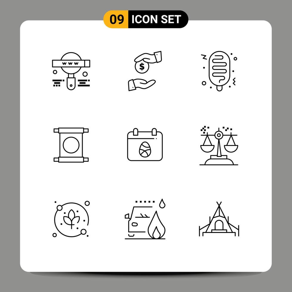 Universal Icon Symbols Group of 9 Modern Outlines of easter calender hotdog chinese letter Editable Vector Design Elements