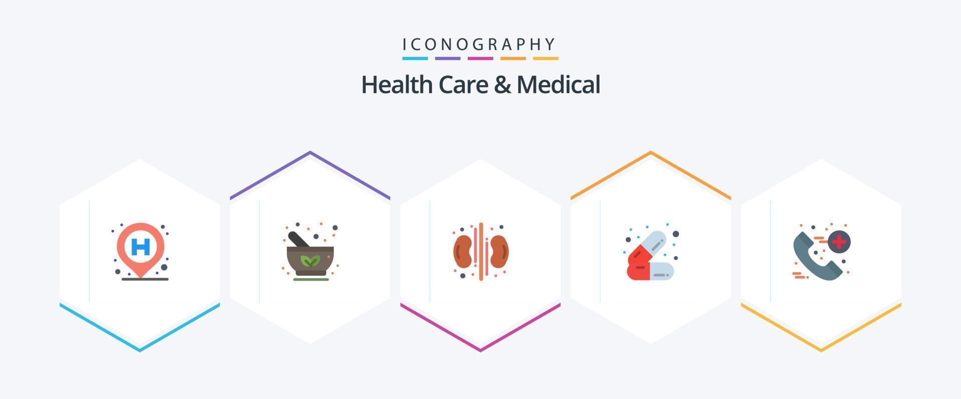 cuidado de la salud y paquete médico de 25 íconos planos que incluye llamada. salud. herbario. productos cosméticos. médico vector