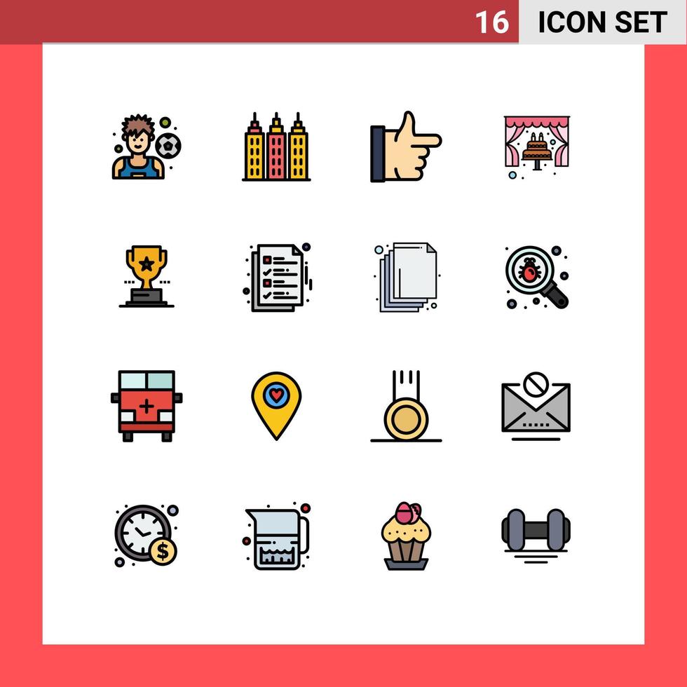 Group of 16 Flat Color Filled Lines Signs and Symbols for delivery prize thumbs up trophy wedding Editable Creative Vector Design Elements