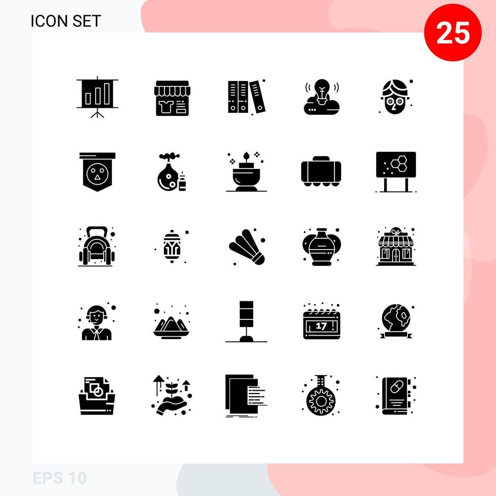Pack of 25 creative Solid Glyphs of board facial files cucumber cloud creative Editable Vector Design Elements