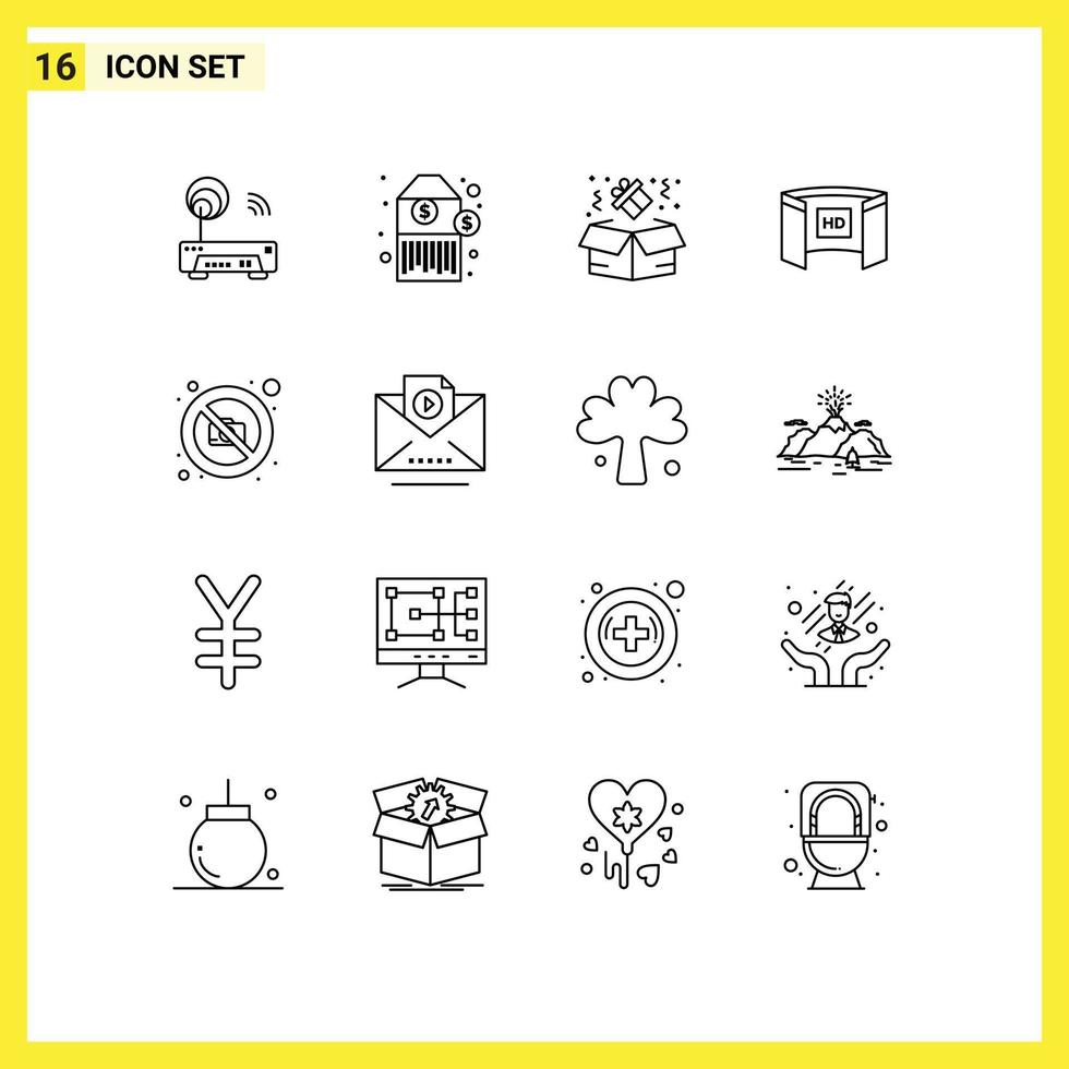 Stock Vector Icon Pack of 16 Line Signs and Symbols for no camera box hd screen Editable Vector Design Elements