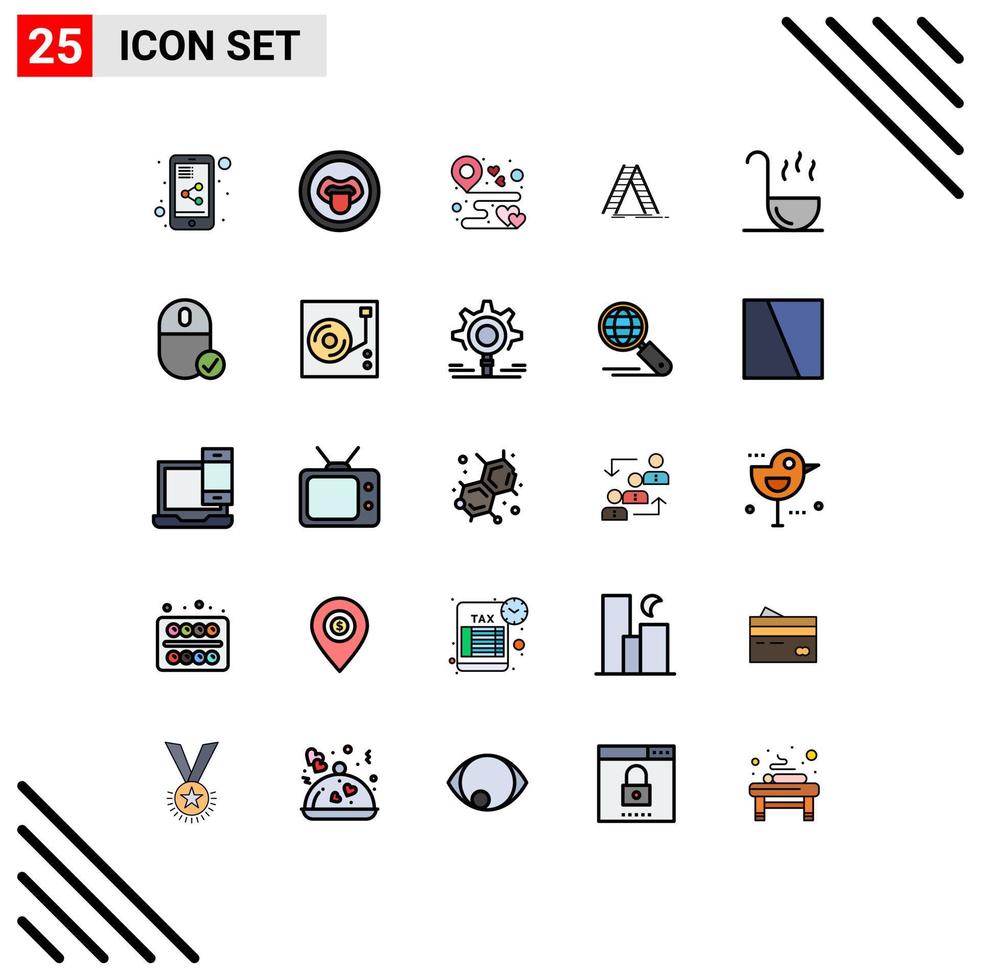 Pack of 25 Modern Filled line Flat Colors Signs and Symbols for Web Print Media such as ladle repair location construction ladder Editable Vector Design Elements