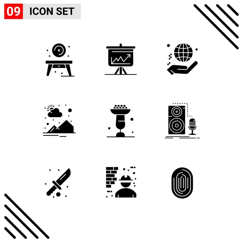 User Interface Pack of 9 Basic Solid Glyphs of sun rise mountain presentation countryside world Editable Vector Design Elements