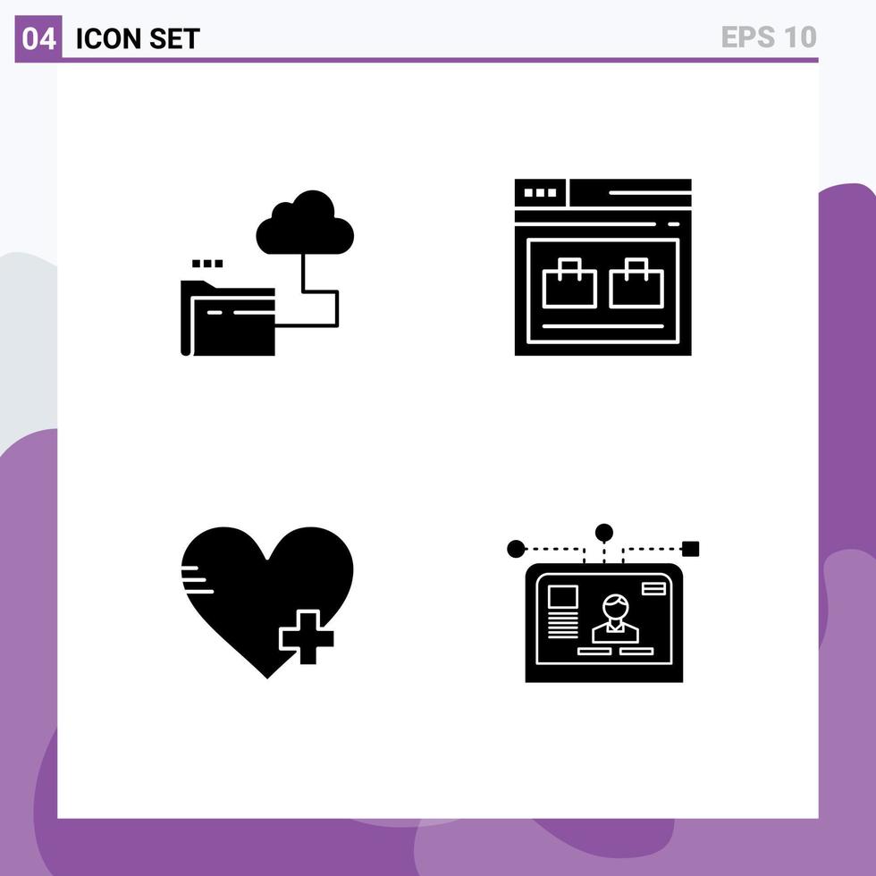 Pack of 4 creative Solid Glyphs of cloud add file web heart Editable Vector Design Elements