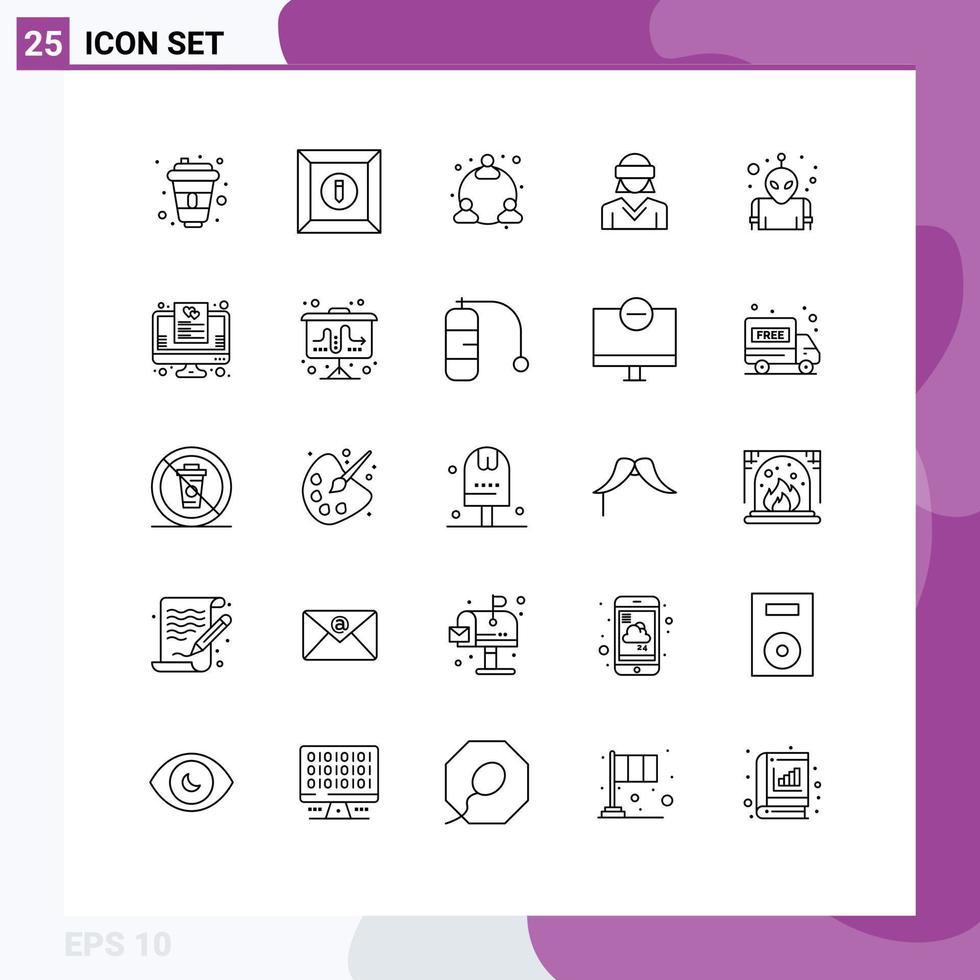 Line Pack of 25 Universal Symbols of space alien user woman reality Editable Vector Design Elements