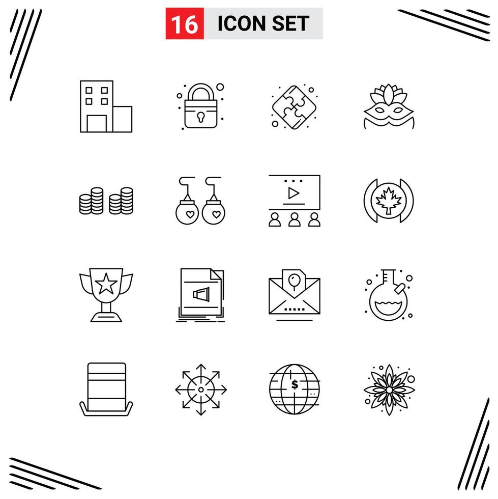 Set of 16 Vector Outlines on Grid for clothing earrings teamwork money cash Editable Vector Design Elements