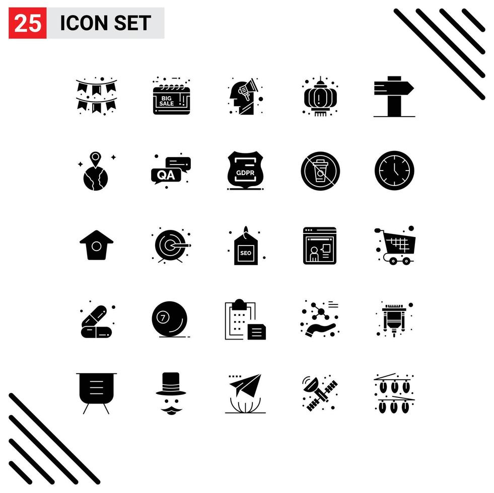 Modern Set of 25 Solid Glyphs and symbols such as guide new year sale notice lantern brain storming Editable Vector Design Elements