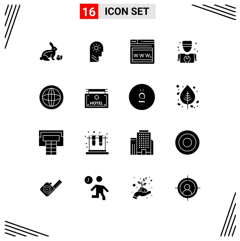 Modern Set of 16 Solid Glyphs and symbols such as global center seo repair mechanic Editable Vector Design Elements