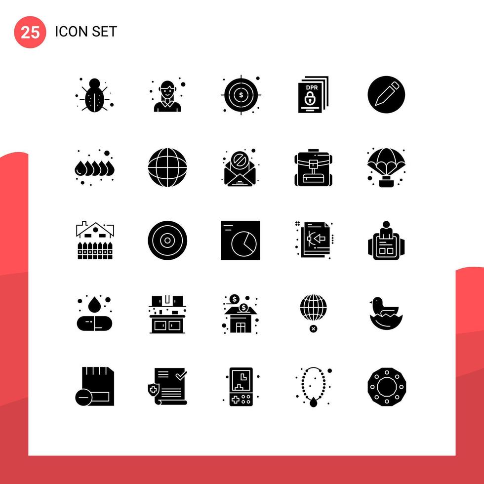 25 Universal Solid Glyph Signs Symbols of secure padlock woman gdpr target Editable Vector Design Elements