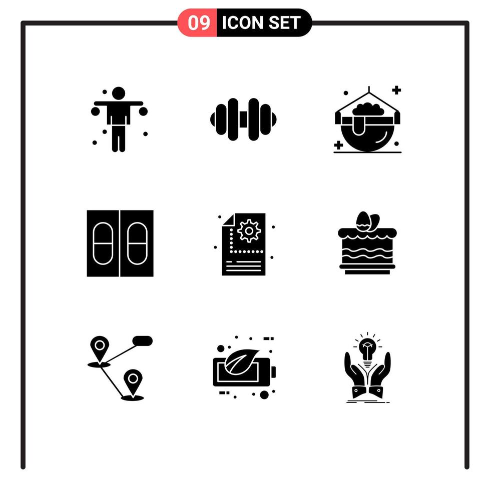 Pack of 9 creative Solid Glyphs of cack gear magic process medical Editable Vector Design Elements