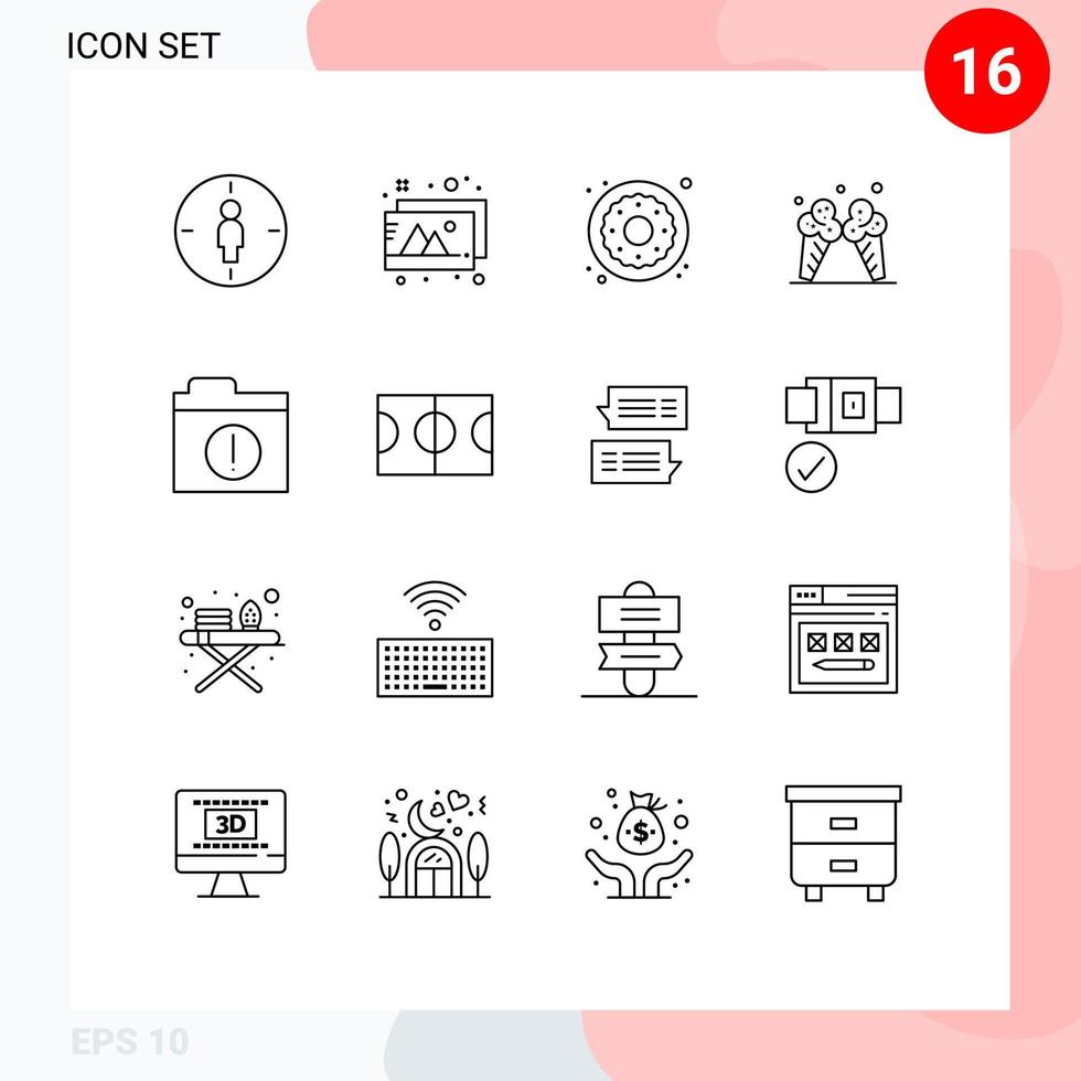 Pack of 16 creative Outlines of folder alert donut american ice Editable Vector Design Elements