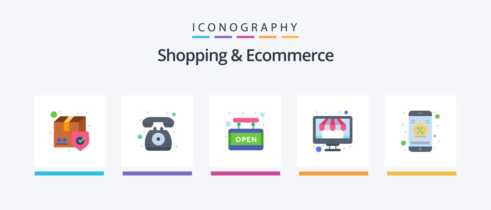 Shopping And Ecommerce Flat 5 Icon Pack Including online discount. shopping. board. store. online. Creative Icons Design vector