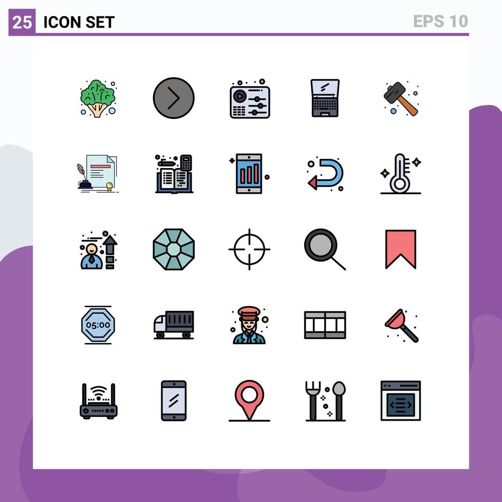 Set of 25 Vector Filled line Flat Colors on Grid for knock laptop audio device computer Editable Vector Design Elements