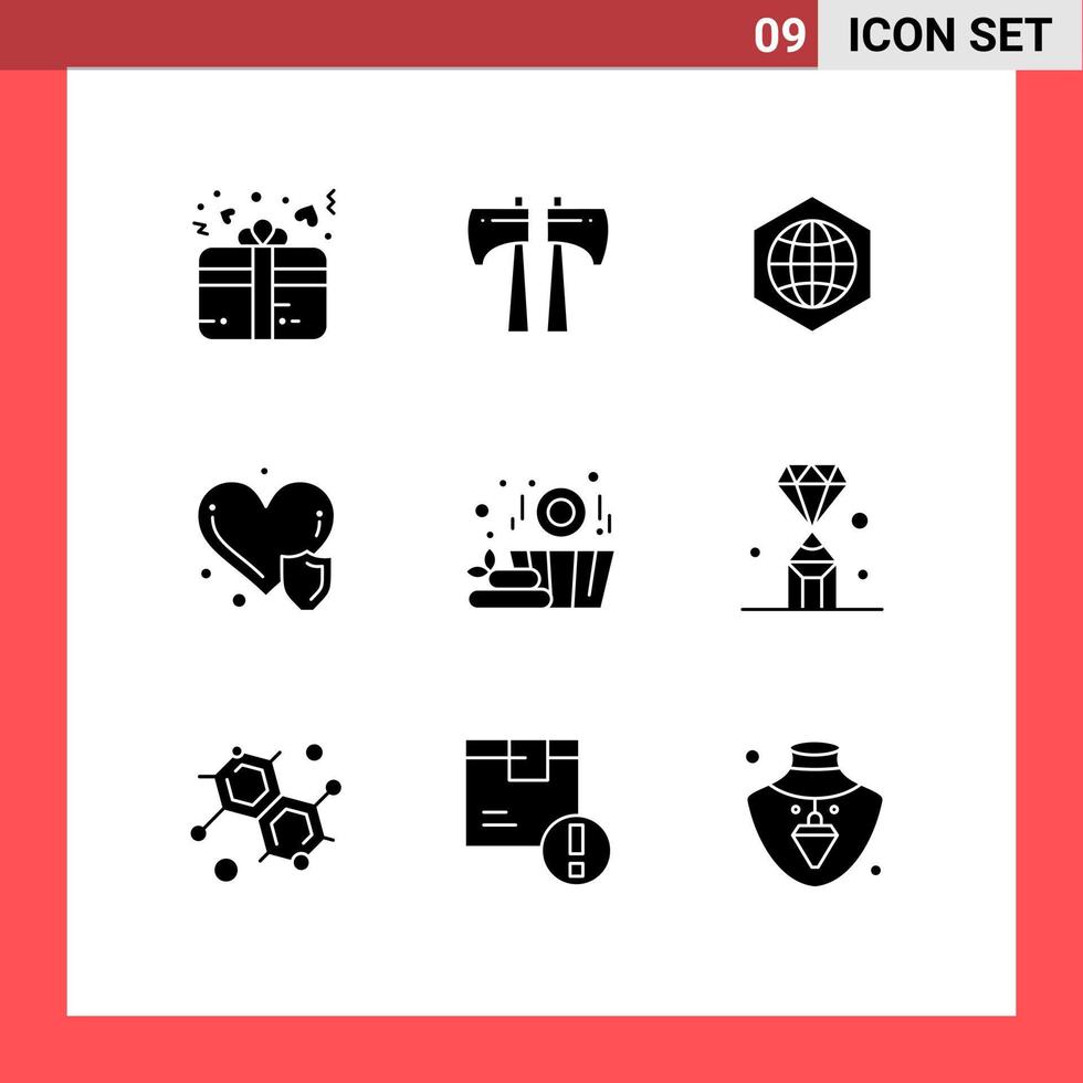 Set of 9 Vector Solid Glyphs on Grid for basket sauna global insurance heart care Editable Vector Design Elements