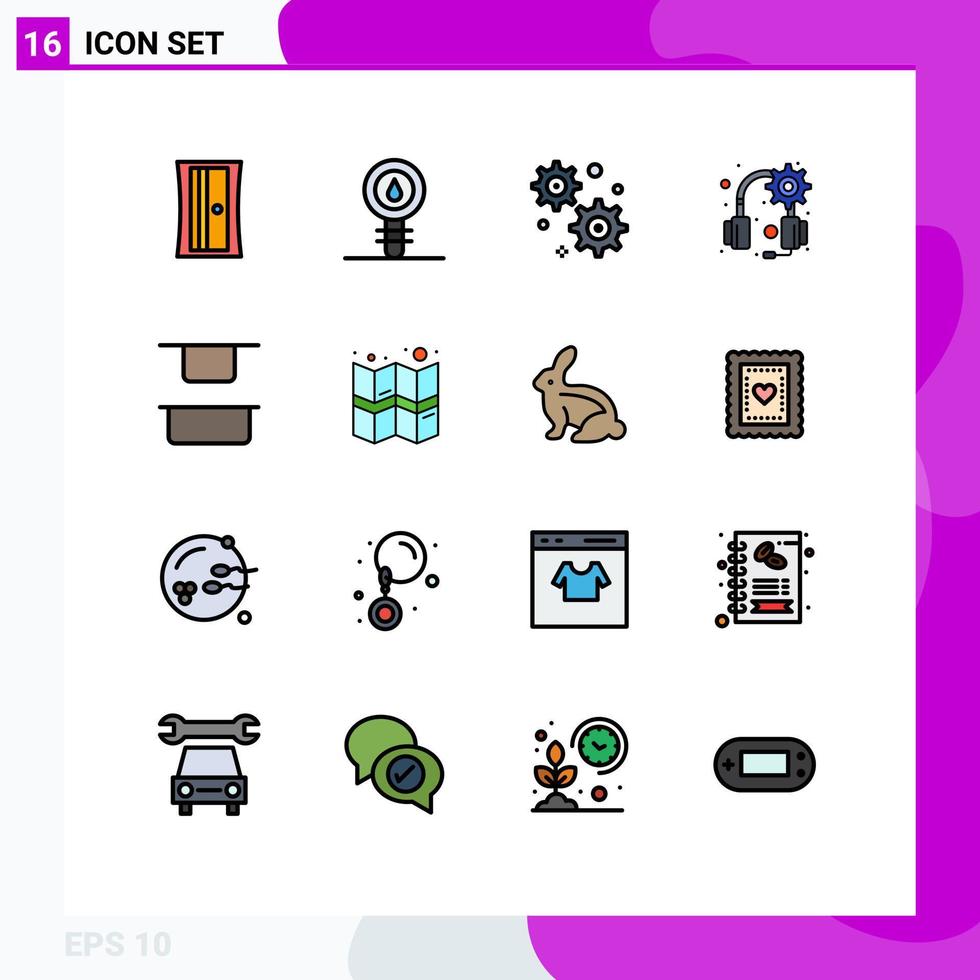 16 Thematic Vector Flat Color Filled Lines and Editable Symbols of location vertical gear setting up headset Editable Creative Vector Design Elements