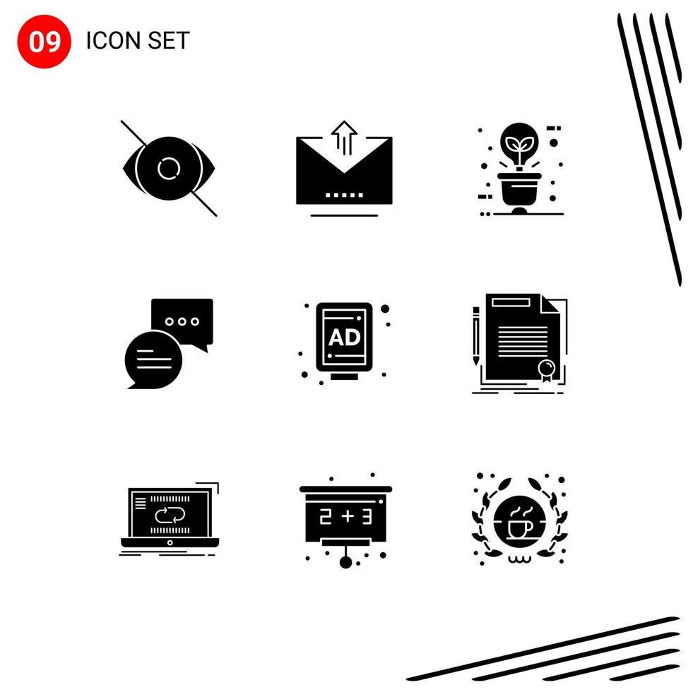 9 Thematic Vector Solid Glyphs and Editable Symbols of ad chatting upload chat illumination Editable Vector Design Elements