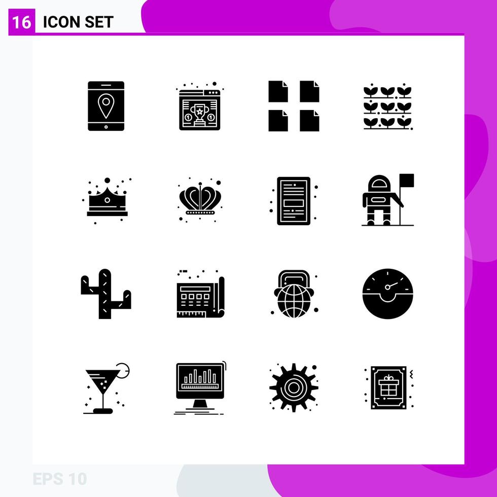 Pictogram Set of 16 Simple Solid Glyphs of cap fashion files crown nature Editable Vector Design Elements