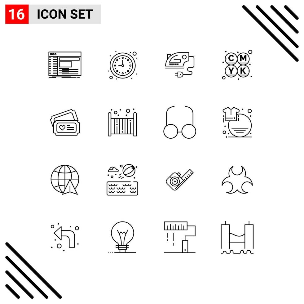 Modern Set of 16 Outlines and symbols such as love printing watch color machine Editable Vector Design Elements
