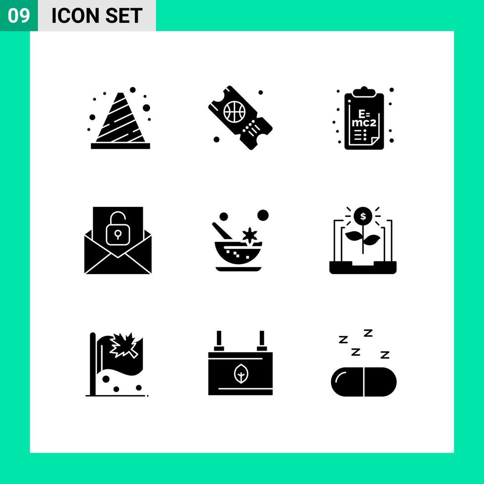 Universal Icon Symbols Group of 9 Modern Solid Glyphs of cosmetics unlock chemistry envelope communication Editable Vector Design Elements