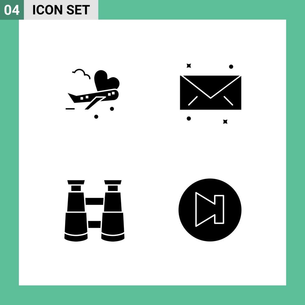 Pack of 4 Modern Solid Glyphs Signs and Symbols for Web Print Media such as fly watch airport email multimedia Editable Vector Design Elements