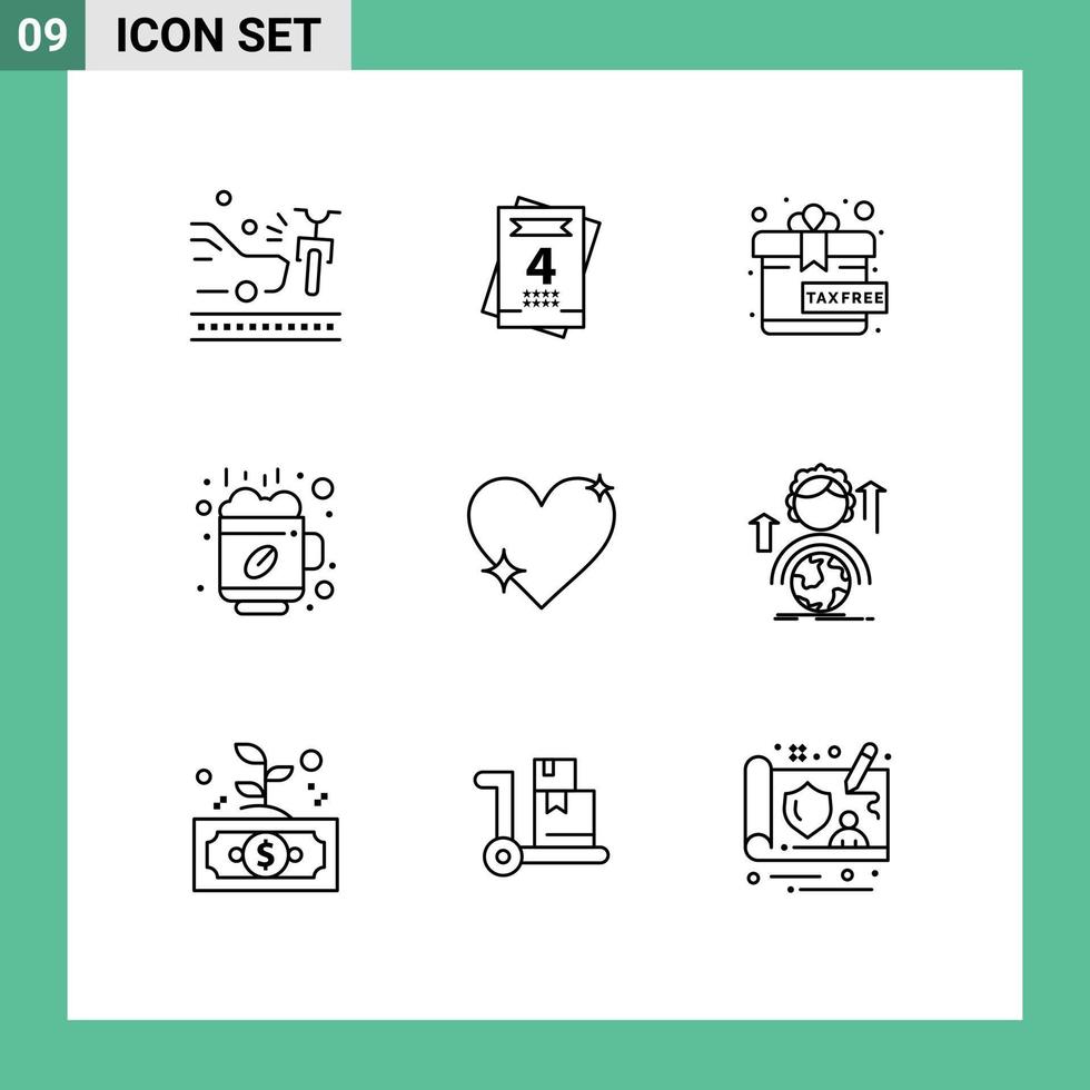 paquete de interfaz de usuario de 9 esquemas básicos de elementos de diseño vectorial editables de café de corazón de regalo de amor favorito vector