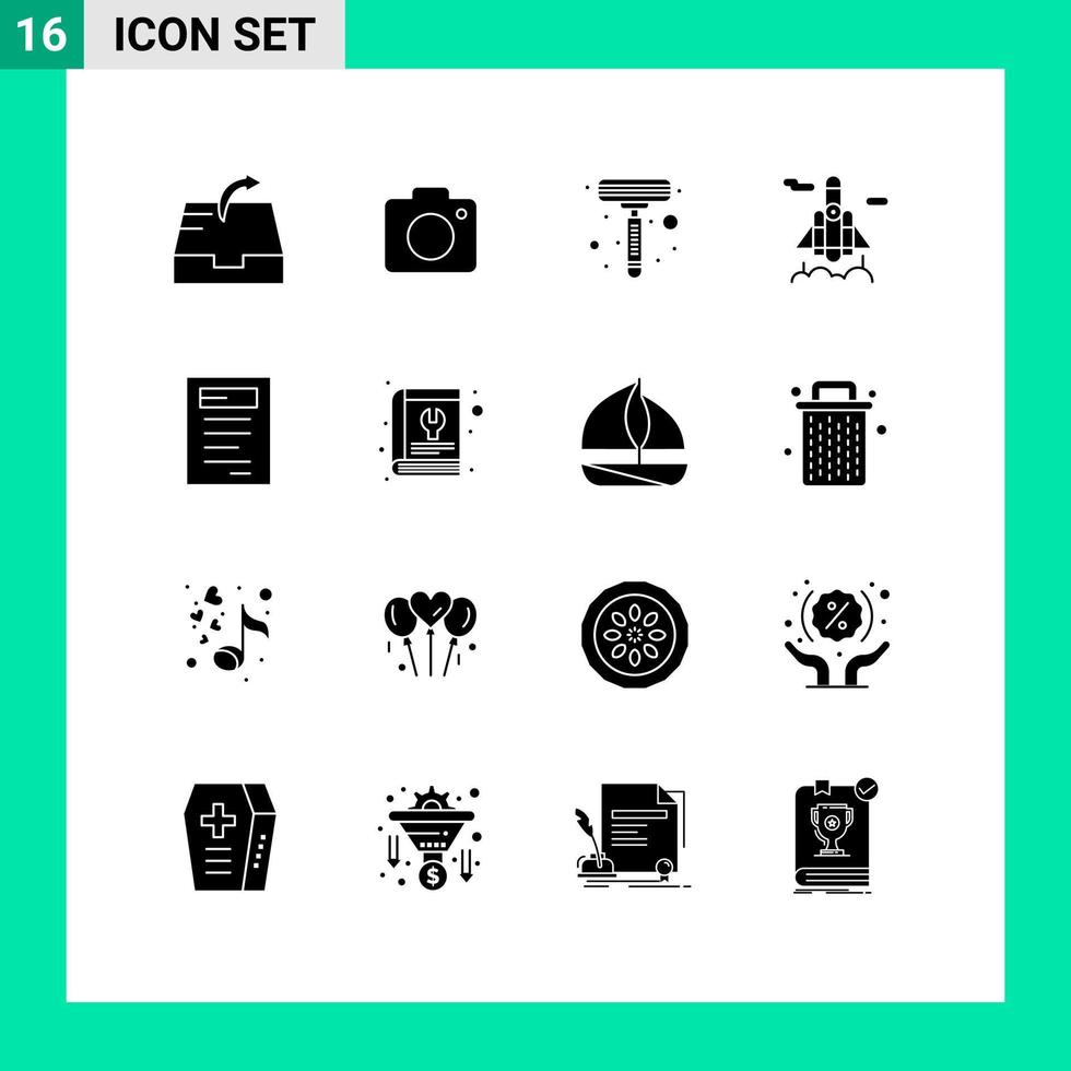 Group of 16 Modern Solid Glyphs Set for manual study shaver education transport Editable Vector Design Elements