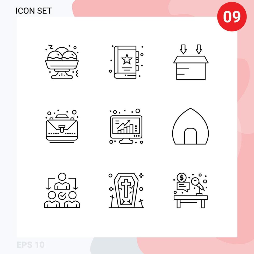 Set of 9 Modern UI Icons Symbols Signs for graph grow box bag case Editable Vector Design Elements