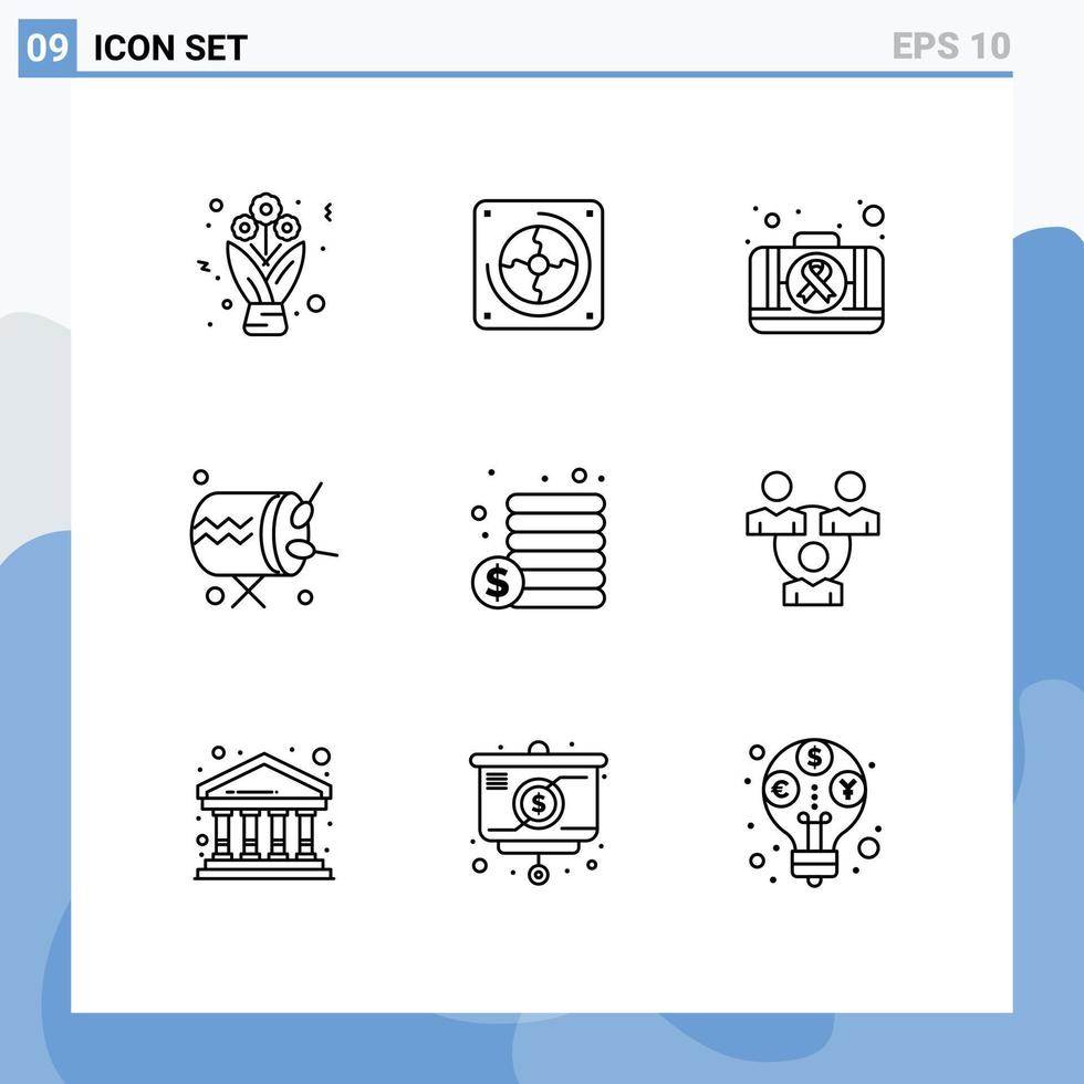 Pack of 9 Modern Outlines Signs and Symbols for Web Print Media such as coins announcement first aid instrument drum Editable Vector Design Elements