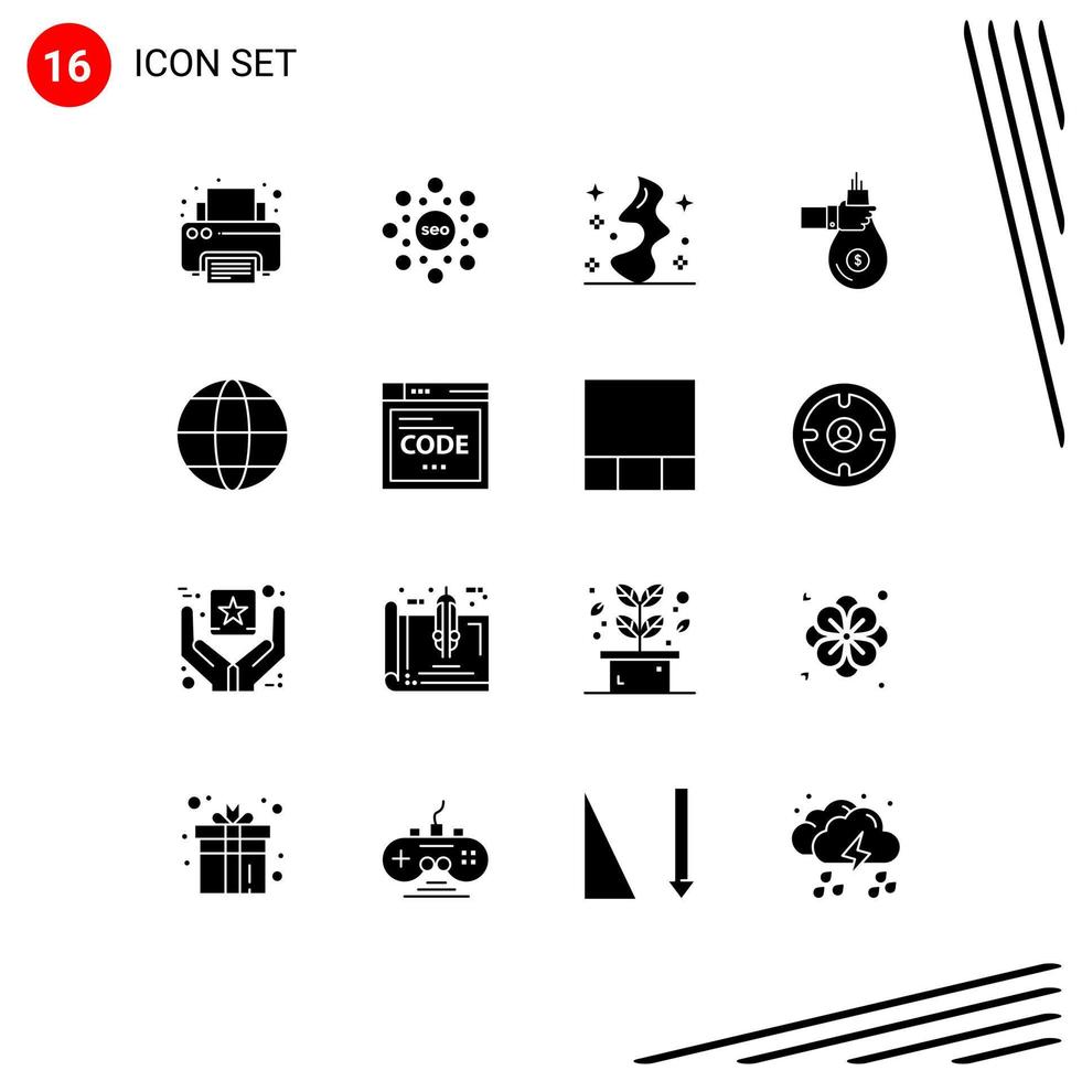 Set of 16 Commercial Solid Glyphs pack for offer investment magic give bag Editable Vector Design Elements