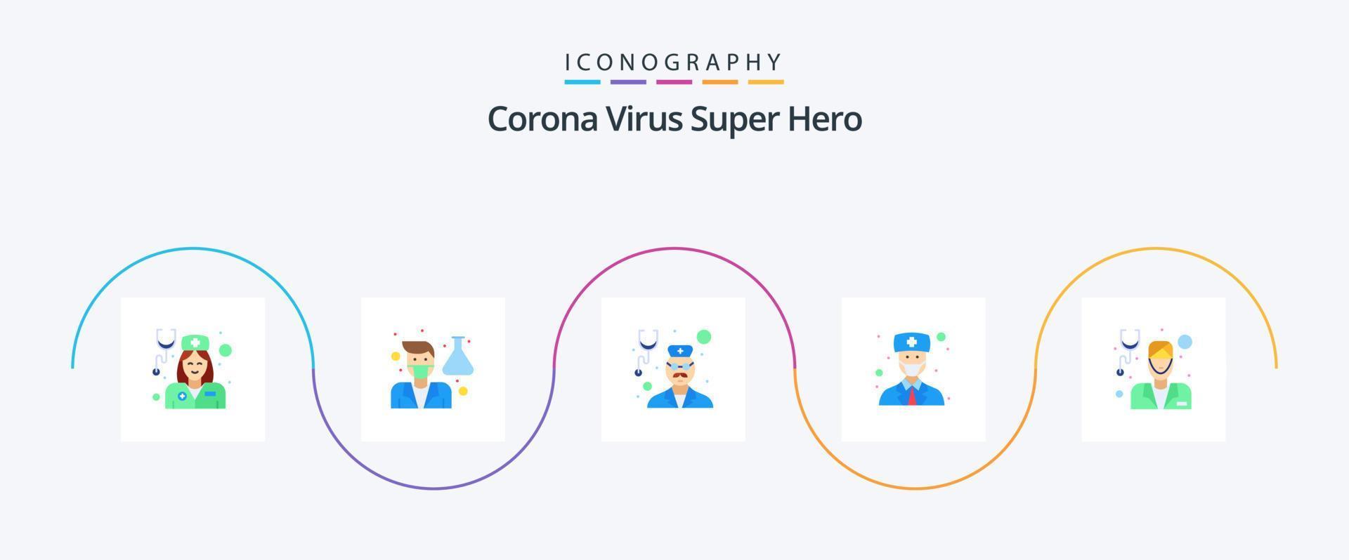 Corona Virus Super Hero Flat 5 Icon Pack Including male avatar. physician. male. doctor. physician vector