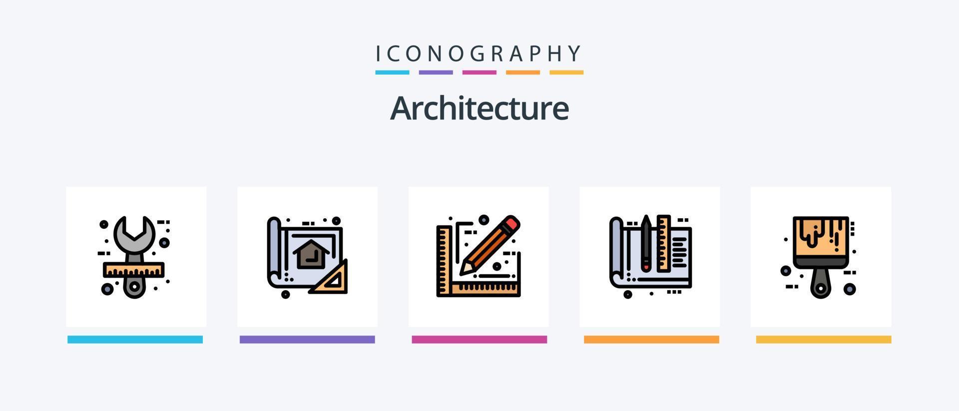 la línea de arquitectura llenó el paquete de 5 íconos, incluida la mano de obra. Obrero. imprimir. arquitecto. medida. diseño de iconos creativos vector