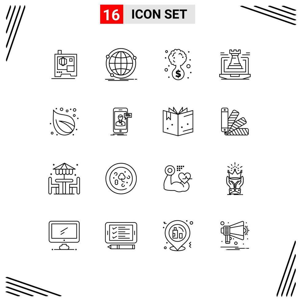 Editable Vector Line Pack of 16 Simple Outlines of camp laptop business fort castle Editable Vector Design Elements