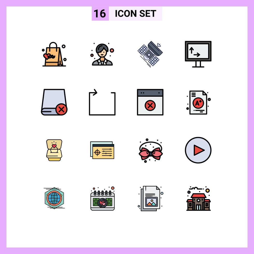 16 Thematic Vector Flat Color Filled Lines and Editable Symbols of drive computers broadcasting width height Editable Creative Vector Design Elements